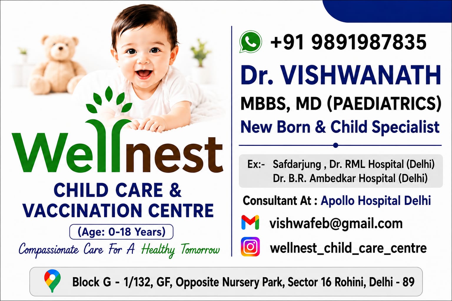WellNest Child Care and Vaccination Center branding with Dr. Vishwanath, MBBS, MD Paediatrics, Sector 16 Rohini Delhi